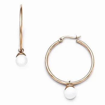 Stainle Steel Polished Rose IP-plated White Hinged Hoop Earrings
