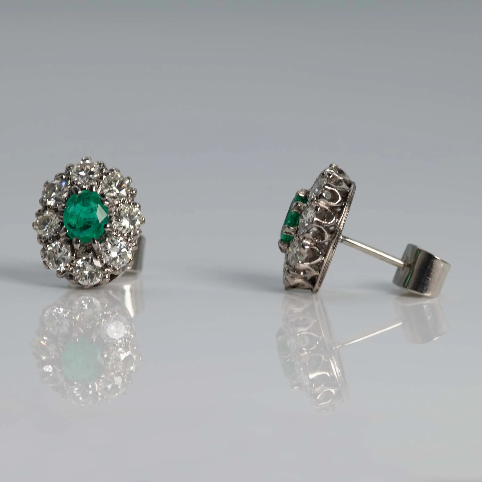 Vintage 18ct White Gold Emerald and Diamond Cluster Earrings