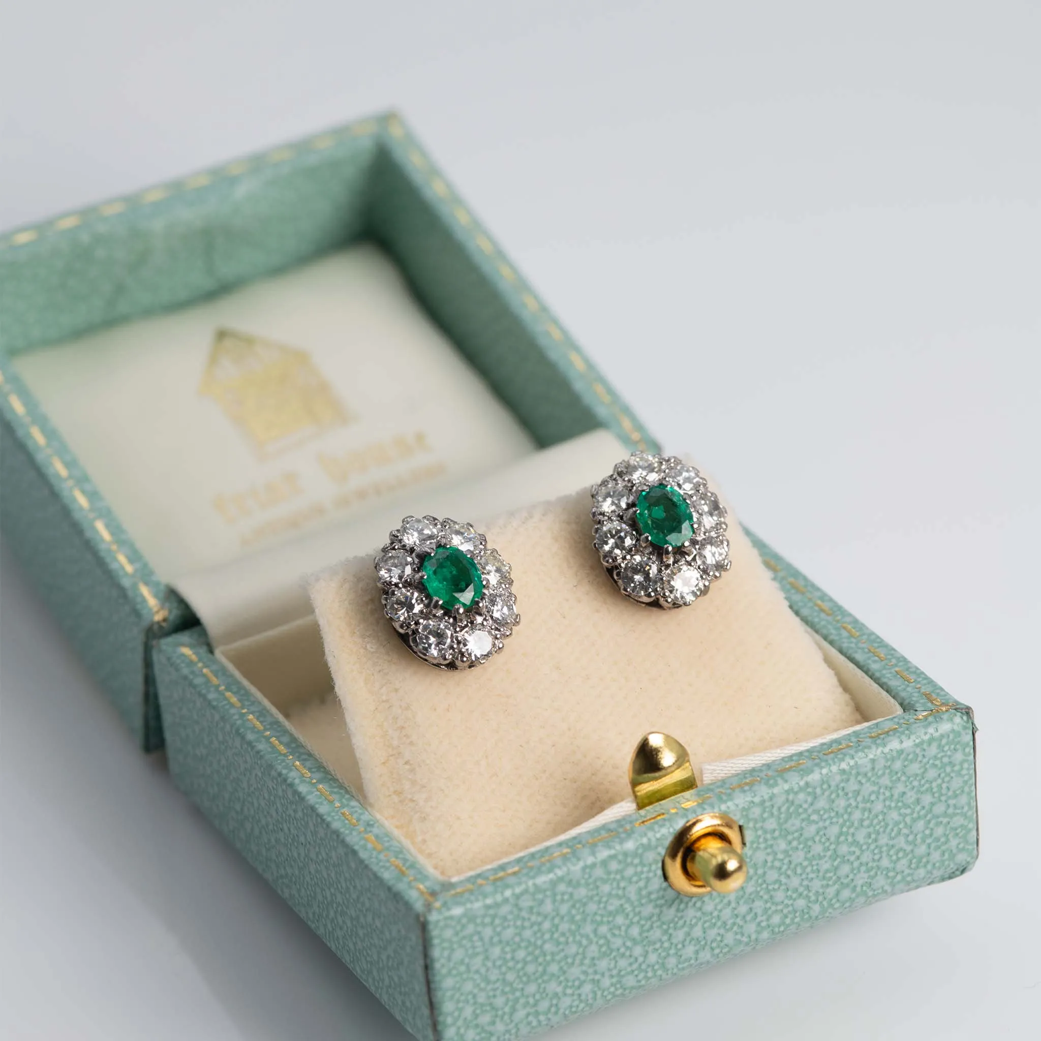 Vintage 18ct White Gold Emerald and Diamond Cluster Earrings
