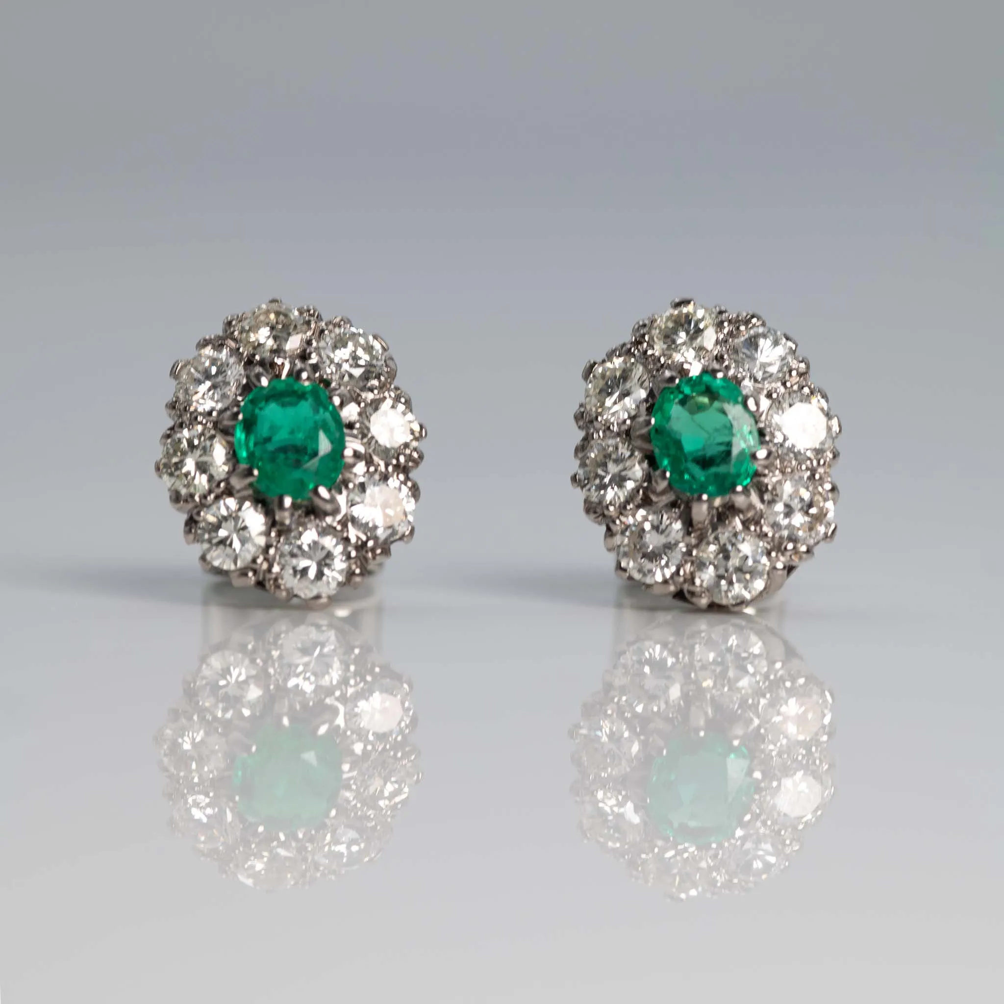 Vintage 18ct White Gold Emerald and Diamond Cluster Earrings