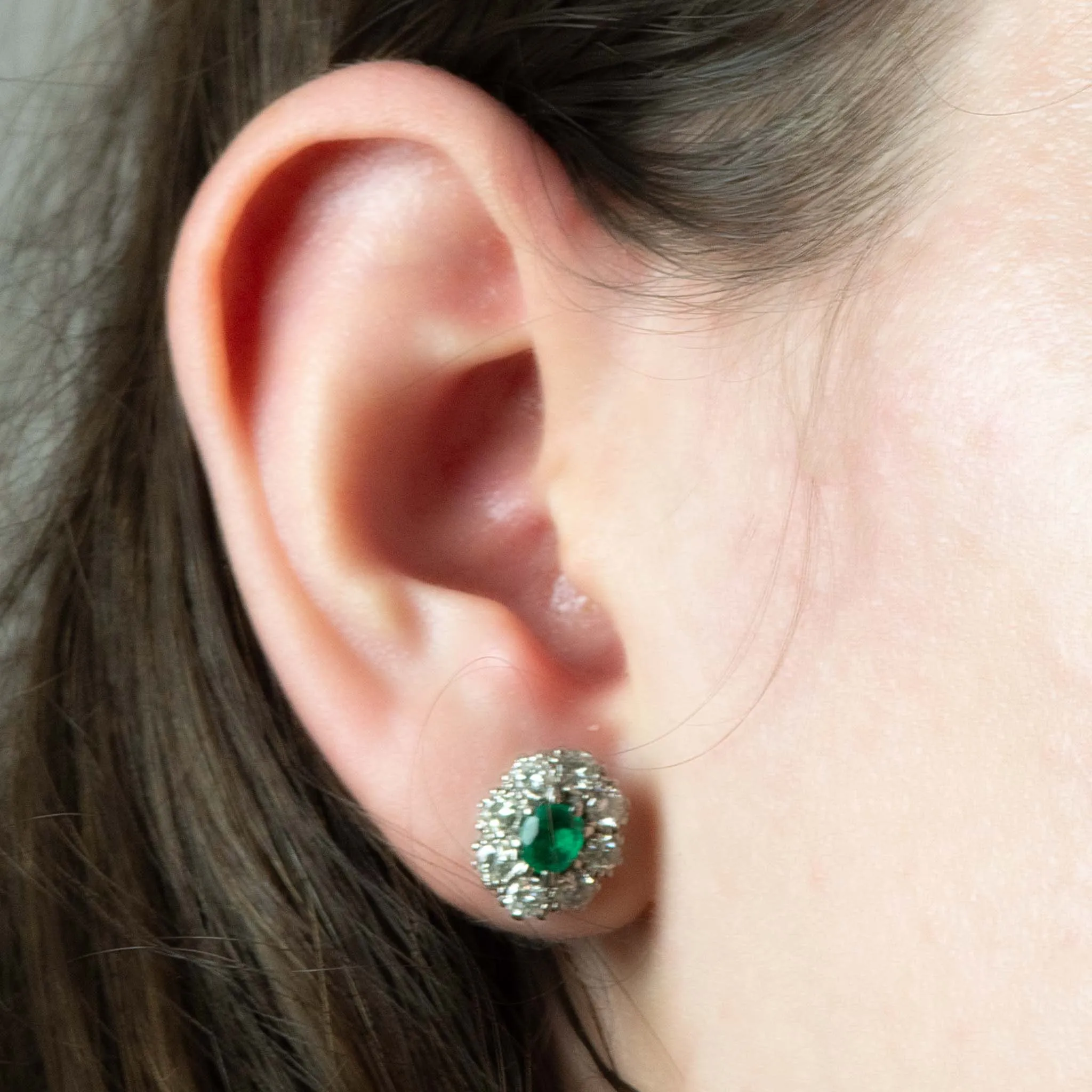 Vintage 18ct White Gold Emerald and Diamond Cluster Earrings